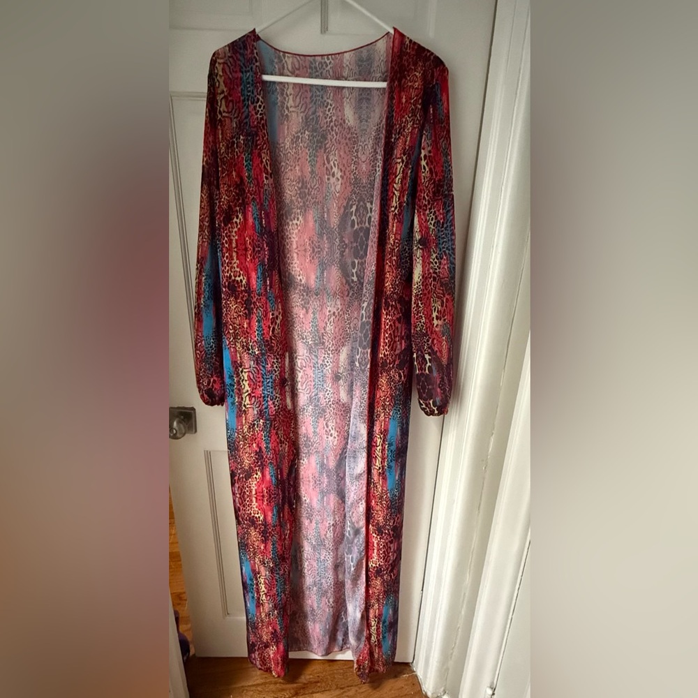 Red Animal Print Long Open-Front Swim Coverup